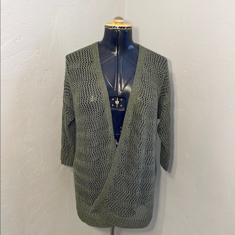 Time and Tru Green Open Knit Cardigan Sweater